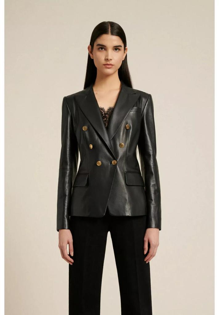 AL KHALID Klassischer echter Lammfell Leder Stilvoller Knopf Damen SCHWARZ Party Blazer