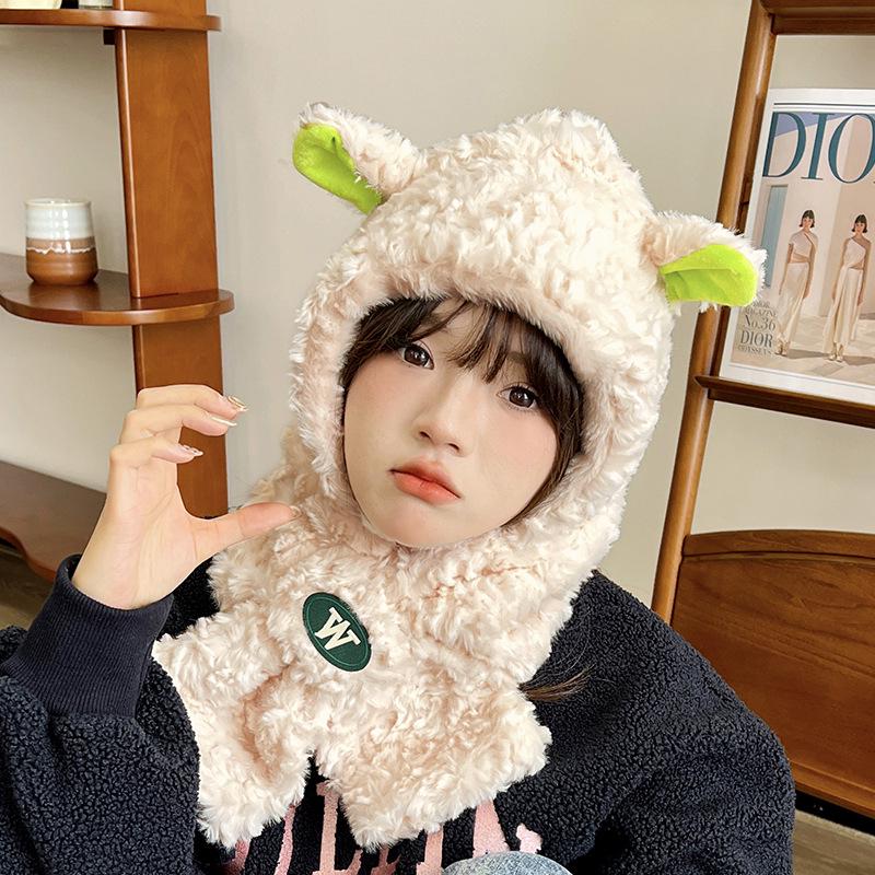 Women's Cozy Fox Ear Plush Hat with Integrated Scarf - Warm, Soft Lei Feng Design for Autumn and Winter. Perfect Ear Protection for Students.