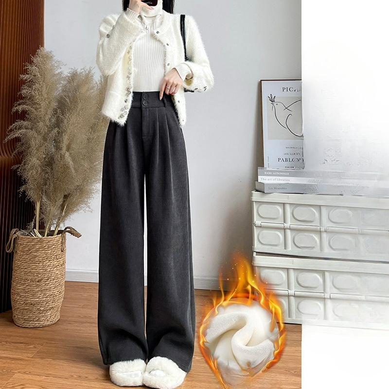 Plus Velvet Chenille Wide-leg Pants Women's Autumn and Winter High-waist Drape Straight Narrow Version of The Small Suit Pants