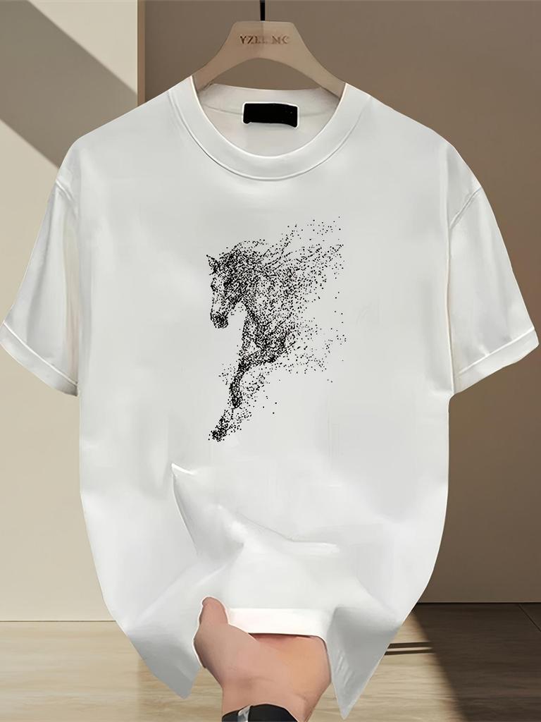 Men's Heavyweight 100% Graphic T-Shirt - Geometric Horse Print Short Sleeve Round Neck Casual Top, B