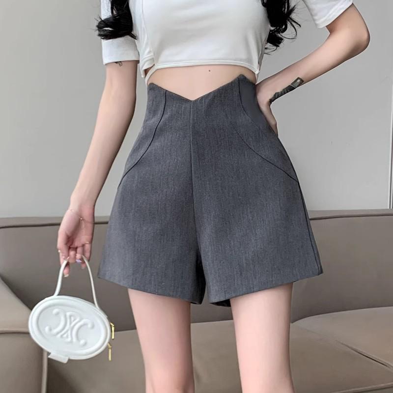 2024 Women's Grey High-Waist A-line Summer Shorts - Slimming, Casual, Versatile Wide-Leg Design