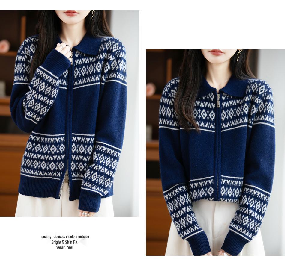 Elegant Jacquard Wool Double-Zip Cardigan, Slim-Fit Outerwear for Autumn/Winter