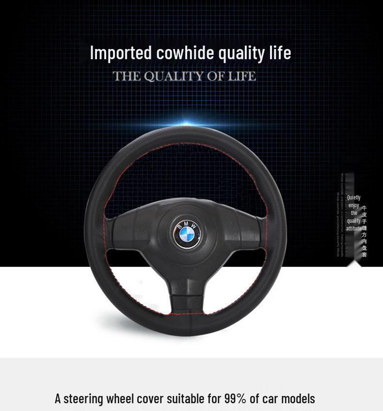Universal Genuine Leather Steering Wheel Cover, Hand-Stitched, Breathable, All-Season, Fits All Vehicles