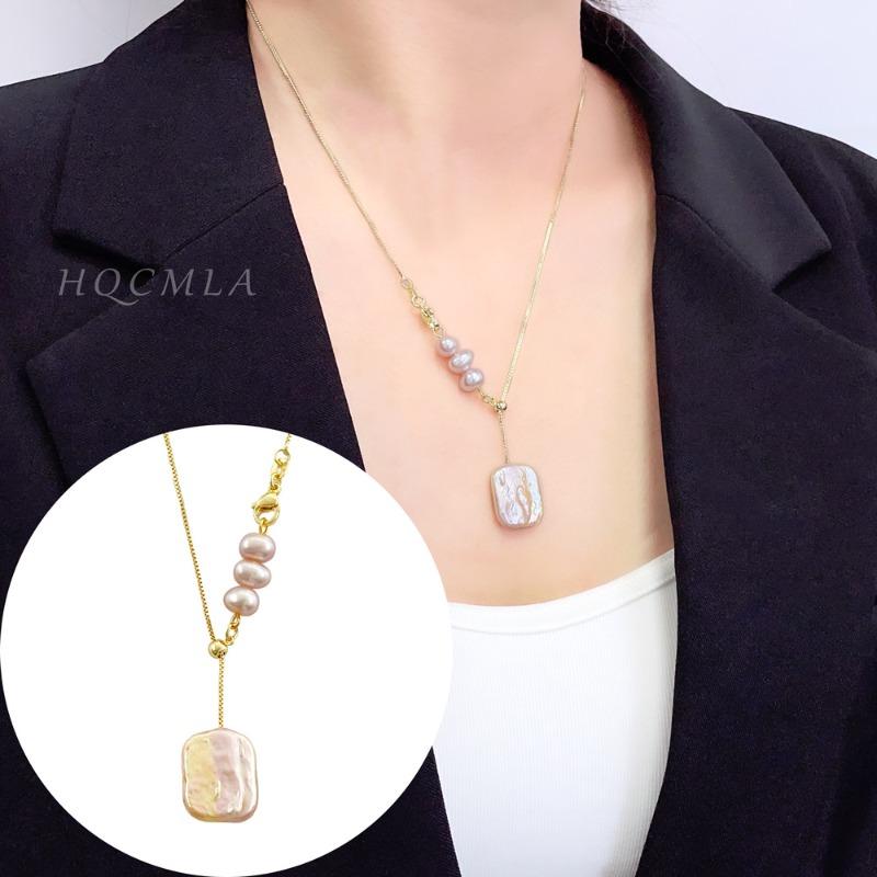 Meier European and american natural pearl necklace - women s fashion y-shape choker with adjustable sugar cube charm