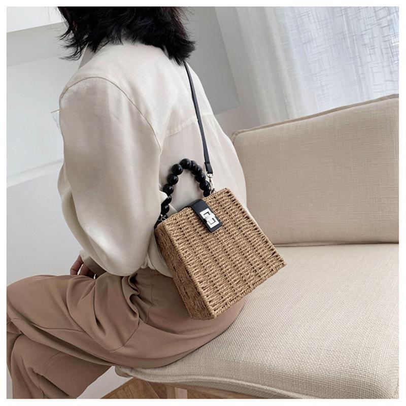 Small Box Beads Handle Straw Bag Portable Messenger Handmade Handbag Straw Bags Beach