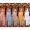 Abito lungo casual da donna con scollo a V, senza maniche, in pizzo traforato, patchwork, a balze