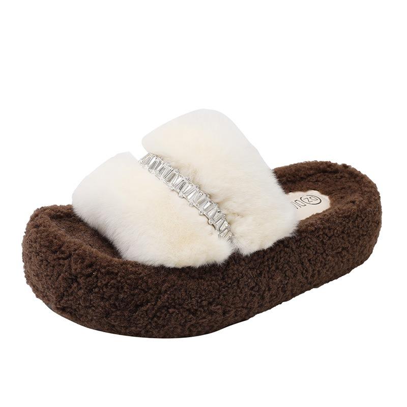 Thick-soled rhinestone fluffy slippers for women wearing new small trendy cotton slippers heightening shoes
