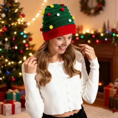 Christmas Knitting Hat Red Green Patchwork Color Knitted Wool Ball Decoration Holiday Hat Festive Party Wear