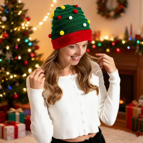 Christmas Knitting Hat Red Green Patchwork Color Knitted Wool Ball Decoration Holiday Hat Festive Party Wear