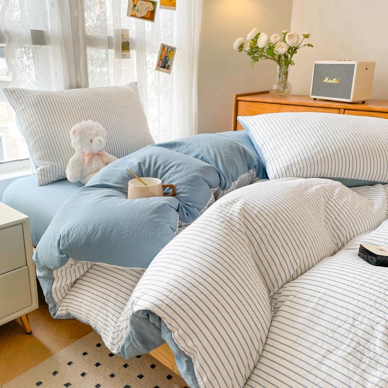 Skin-Friendly Washed Cotton Dorm Three-Piece Set: Stripe Duvet Cover & Pillowcase, Single/Double Size, Class A Quality