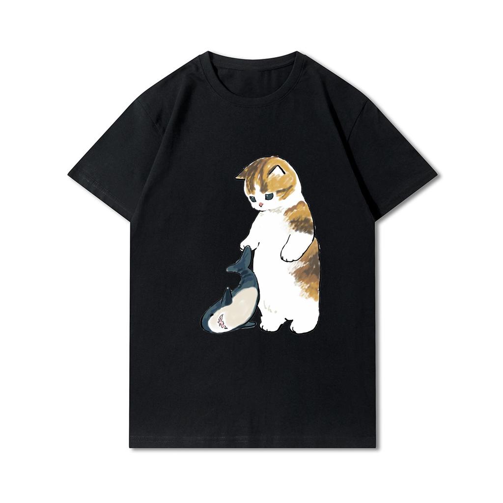 Plus Size Cats Shark Printed Women T Shirts Round Neck Cotton Tops Summer Animal Y2K Fashion 90S Casual Oversize Black Tees