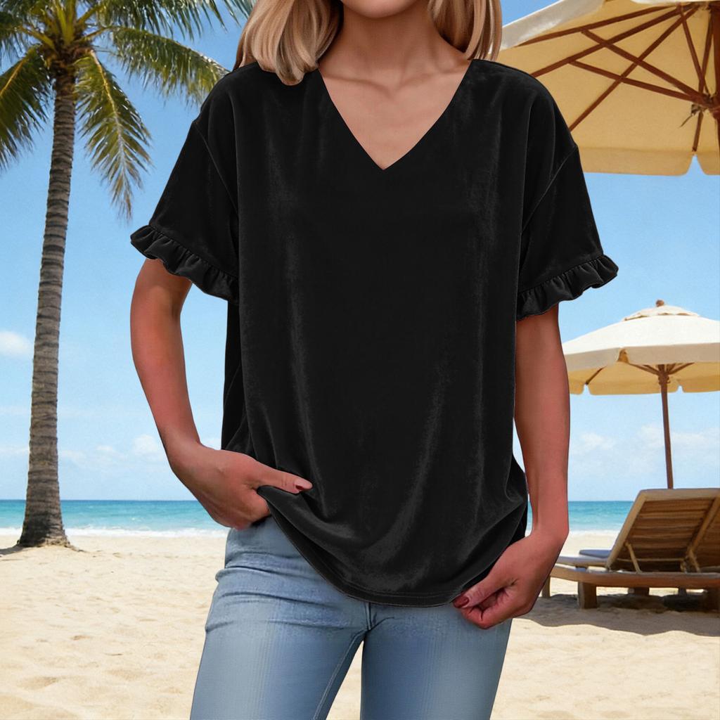 Women's Fashion V-Neck Short-Sleeve T-Shirt: -Color, Loose-Fit Casual Top