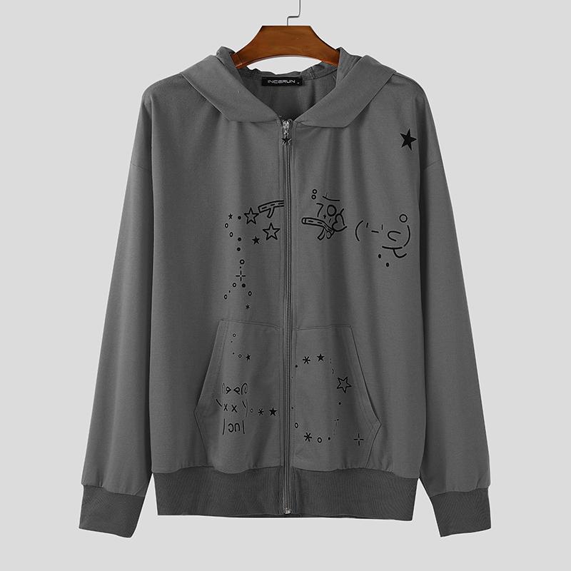 

INCERUN Autumn Men Long Sleeve Zip-up Print Pockets Hooded Sweatshirts 5XL серый