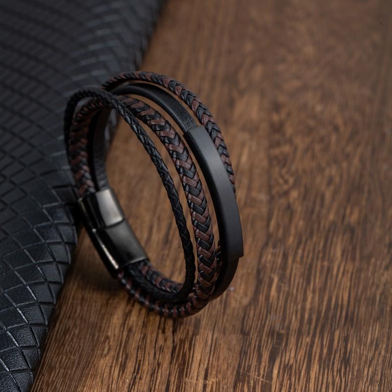 Mens Multi-Layer Leather Bracelet With Magnetic Clasp Geometric Design Minimalist Woven Style
