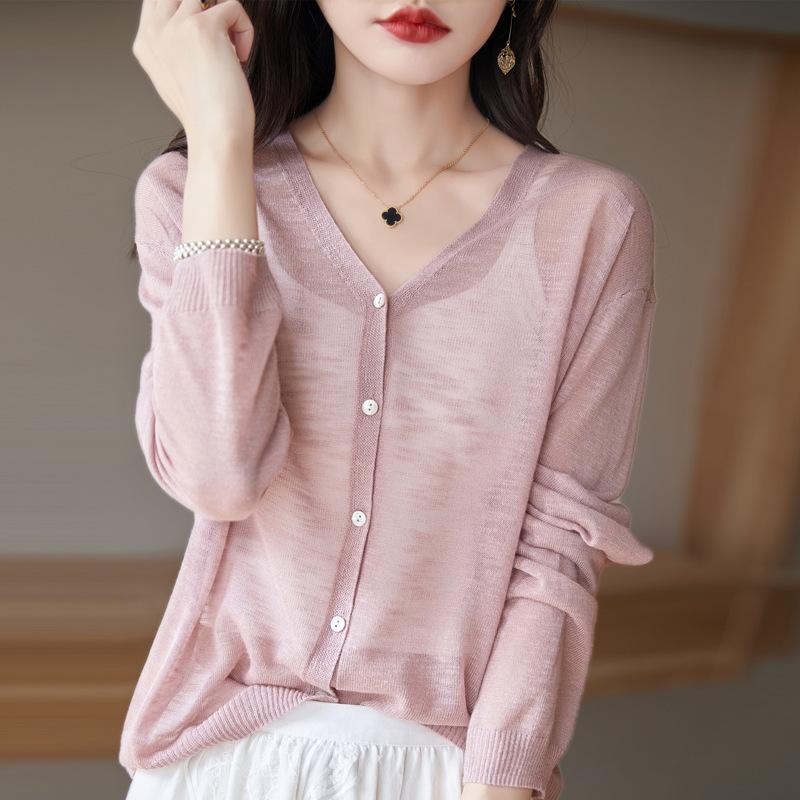 Bamboo Joint Cotton V-neck Cardigan for Women for Summer Sweater Thin Loose and Versatile Sun Protection Simple and Atmospheric Top Jacket