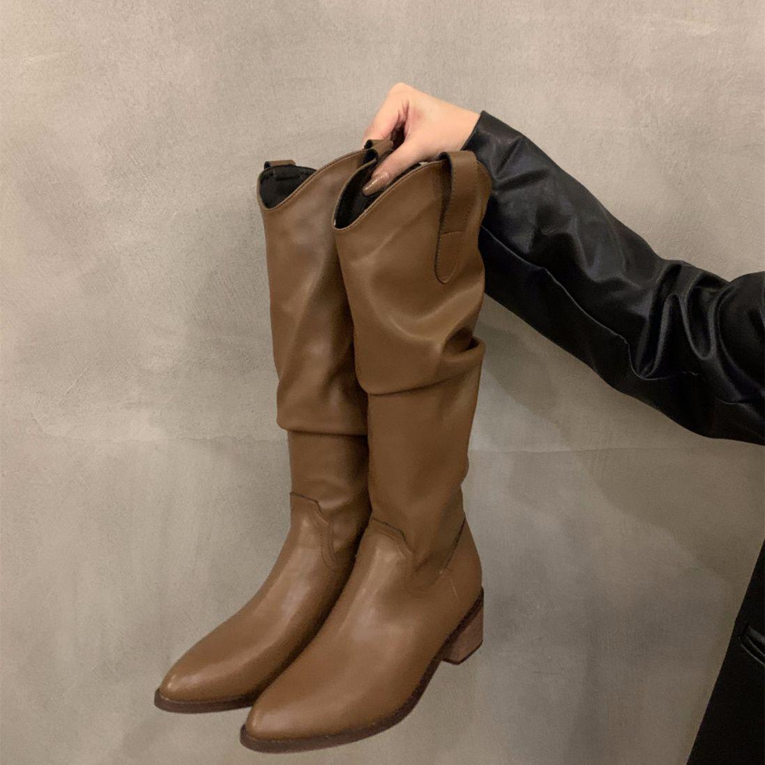 

Ковбойские сапоги до середины икры коричневого цвета на толстом каблуке с V-образным вырезом, весна/осень 2025, в западном стиле с острым носком для женщин 43