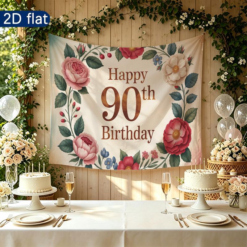 Vintage Floral 90th Birthday Party Banner, Polyester Backdrop for Home Room Wall Decor