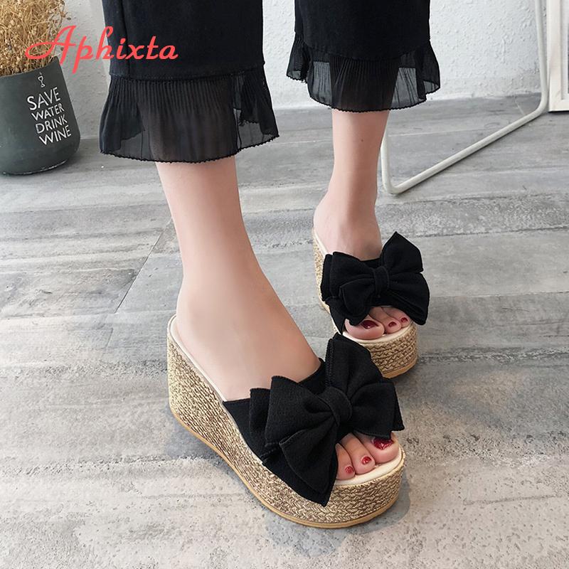 Fashion Aphixta 3.54inch Women Slippers Platform Wedge Women Slipper Appliques Slides Beach Sandals Slides Summer Ladies Mules Clog Shoe