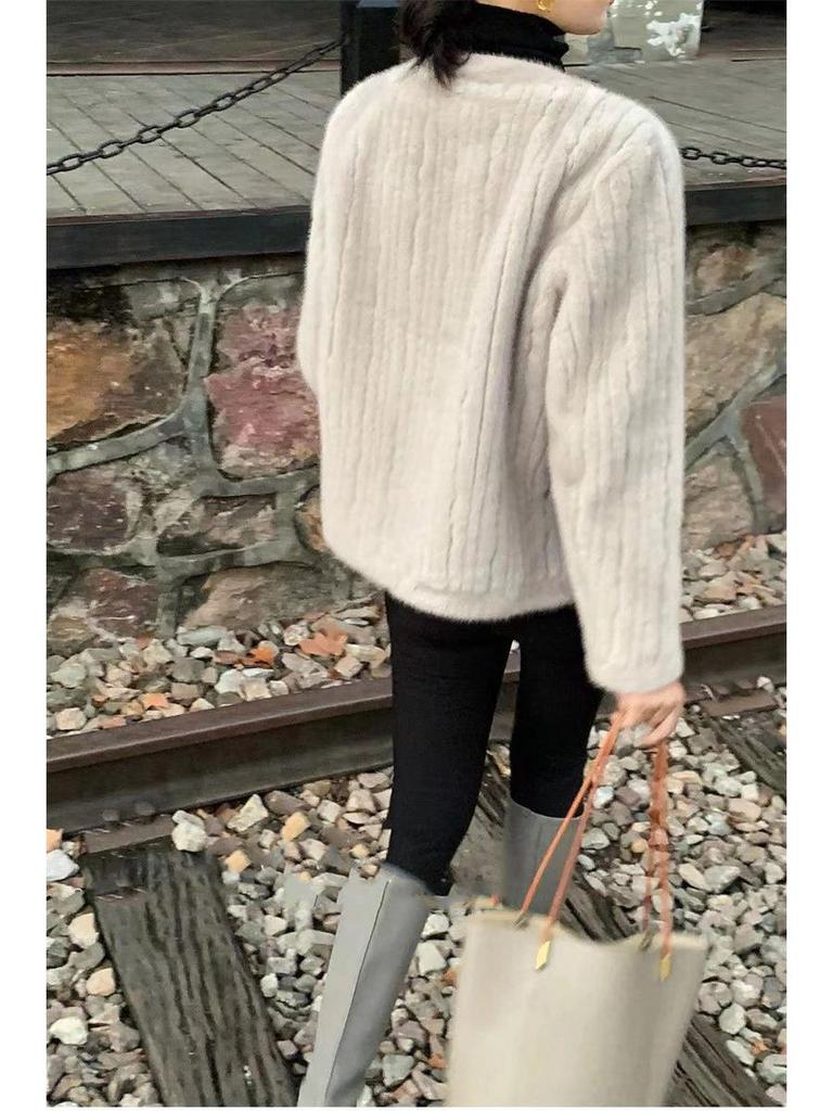 2024 Autumn/Winter Women's Faux Mink Stripe Cardigan: Round Neck, Long Sleeve, Socialite Lazy Style