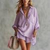 2026 Cross-border Europe and America Summer New Women's Fashion Cotton Linen Pockets Beach Shorts Shirt Set