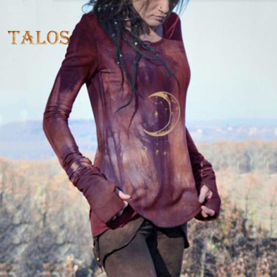 Top da donna Girocollo Manica lunga Maglietta stampata luna Aderente Lunghezza media Elasticizzata Maglietta da indossare tutti i giorni