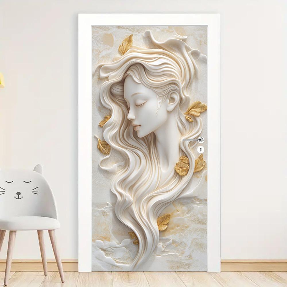 Stylish Gold Leaf Abstract Door Sticker - Elegant 3D Sculptural Feminine Art Door Sticker, Removable Self-Adhesive Wallpaper