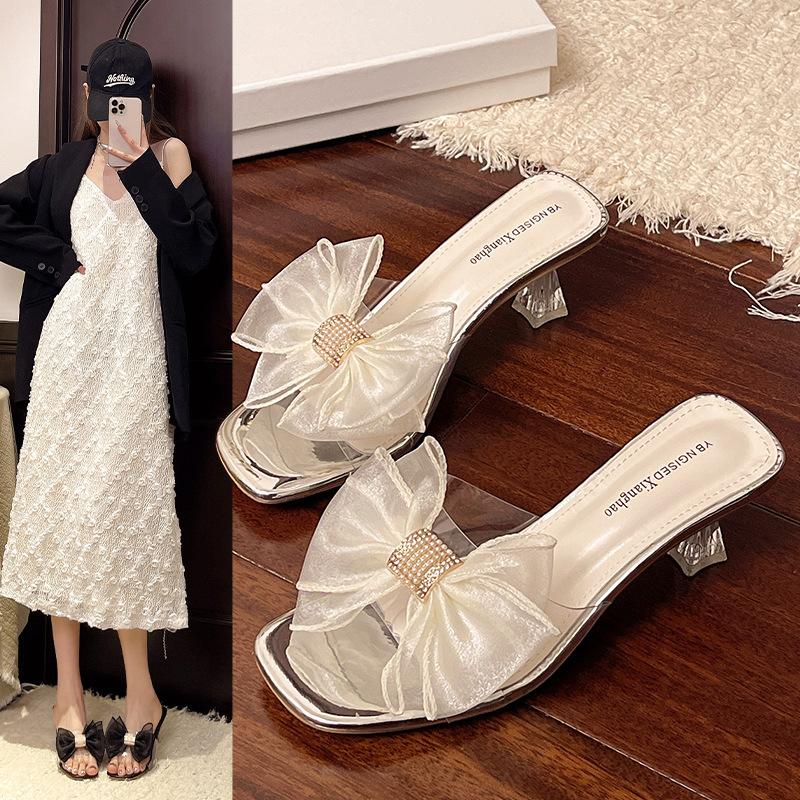 Bow summer with transparent fairy wind sexy 2025 new crystal high heel transparent cool slippers outer wear women