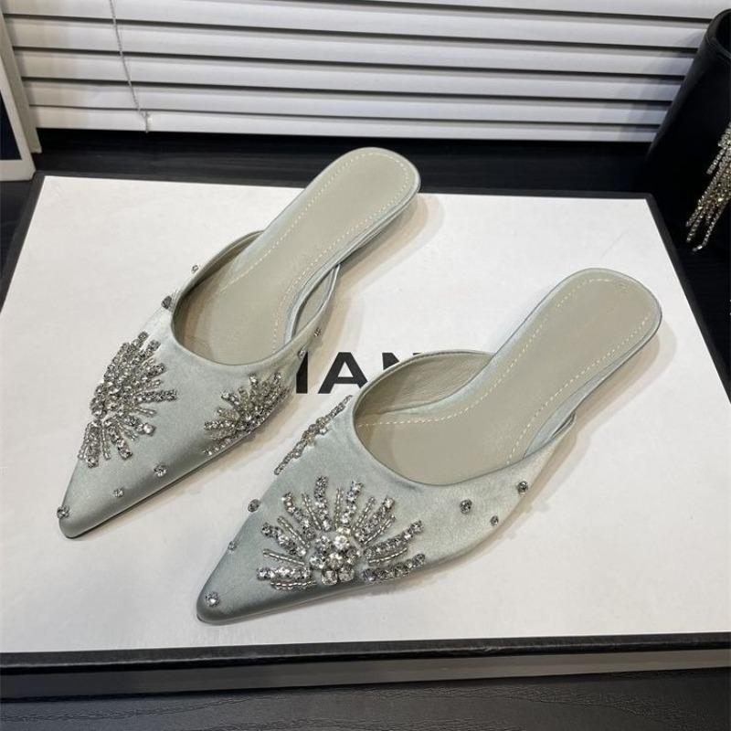 Fashion Crystal Heels Slippers Women Pointed Toe Shoes Elegant Heeled Sandals 2025 Summer Party Flip Flops New Luxury Ladies Shoes
