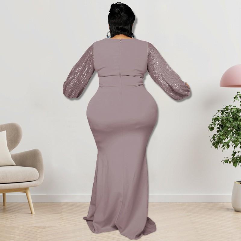 Plus Size Women Long Sleeve Sequin Midi Dress Elegant Office Wear Gray Blue Burgundy Orange XL 2XL 3XL 4XL 5XL Collection