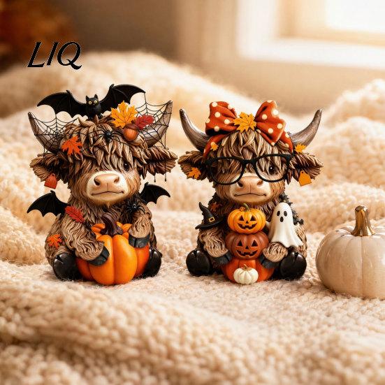 Coastal Style Ornament 2PCS Highland Cow Ornament, Wooden Rustic Figurine, Thanksgiving Handcrafted Wood Theme Art, for Entrance Living Room