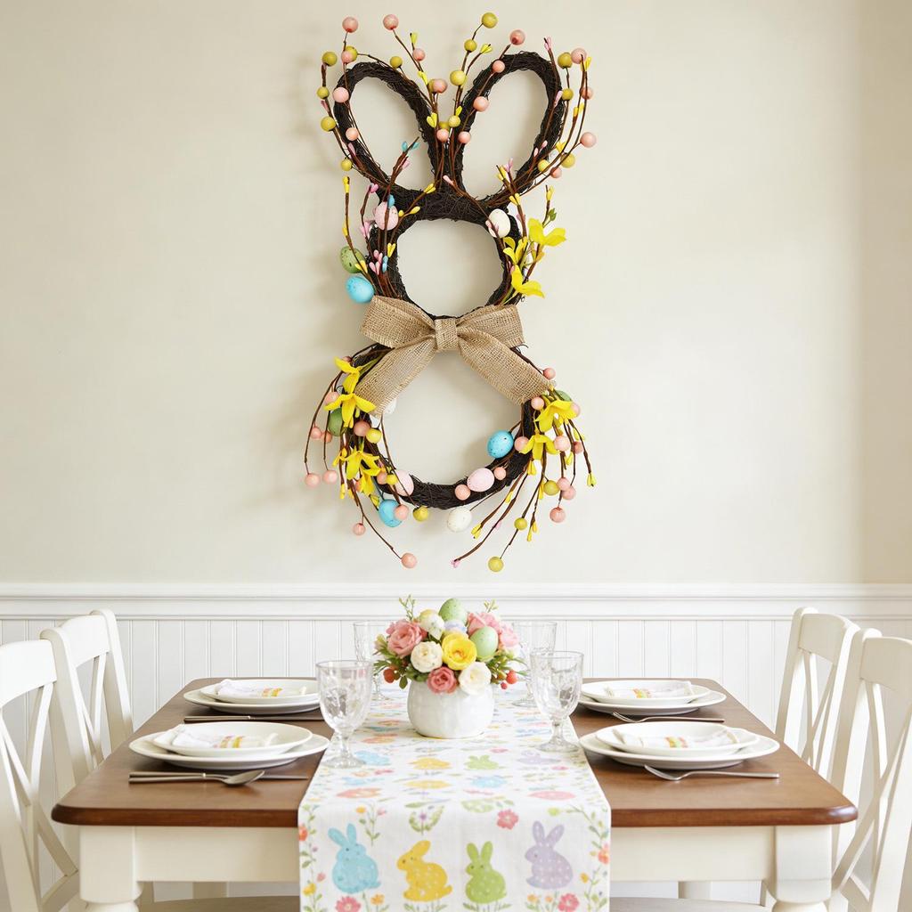 Easter Bunny Rattan Wreath Pendant: Forest-Style Egg Ring Door Hanger Wall Decor