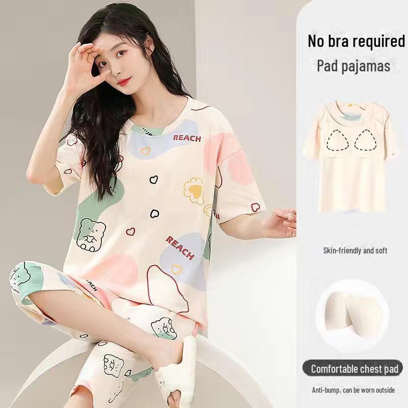 

«Жіночий літній піжамний комплект: Укорочені брюки з короткими рукавами, повсякденний корейський стиль, милі круглі вирізи з двох частин XXL - Recommended for 140-160 lbs