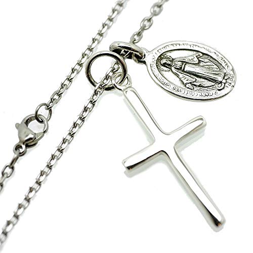 Silver One Sterling Silver 925 Miraculous Medal Virgin Mary & Cross Necklace Pendant Set with Chain for Men, C1 [50cm Length]