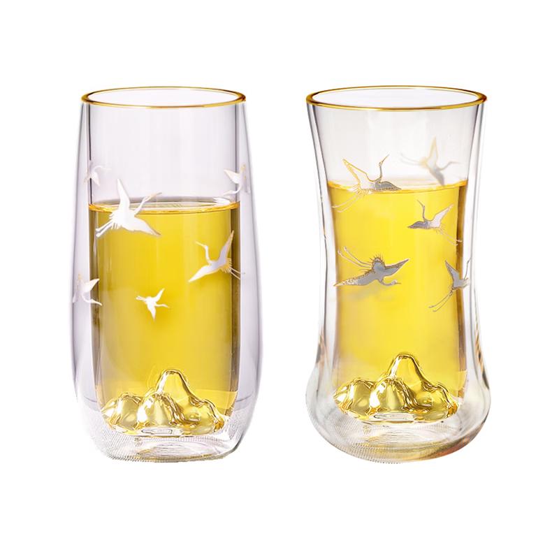 Gebetang Auspicious Crane Double-Layer Glass Tea Cup Pair