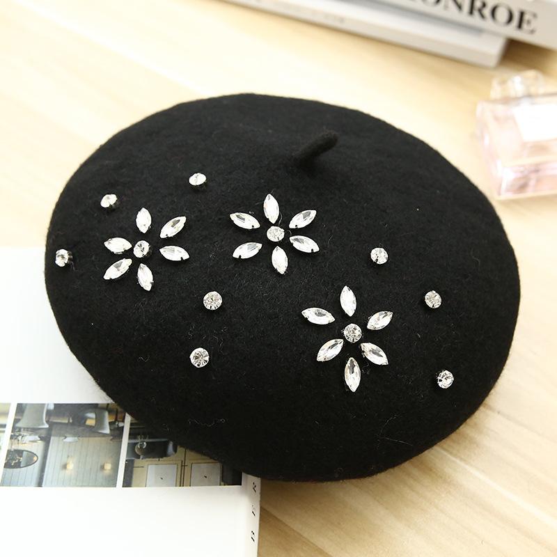 

VISROVER Woman Wool Winter Beret DIY Female Rhinestone Wool Cap Autumn Winter Hat Solid Color Top Quality Women Boina Wholesales чорний