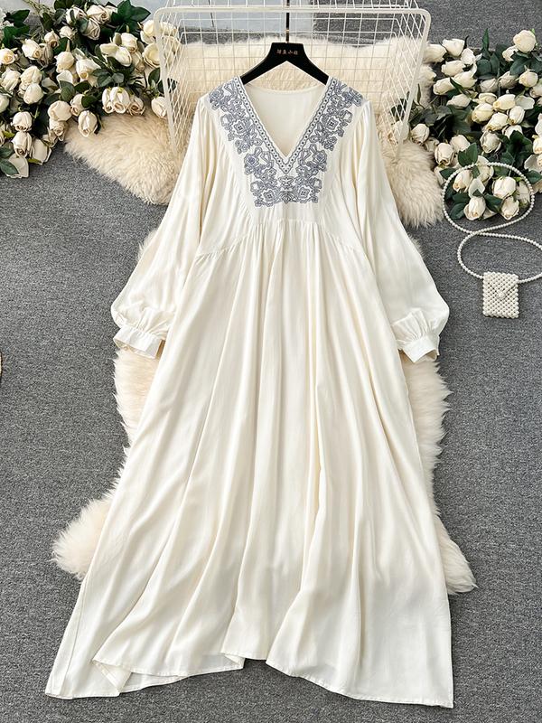 

EWQ Вишивка V-подібним вирізом Puff Long Sleeve High Waist A-line Vestidos Sweet Style Жіноча сукня Зима Весна 2024 Новинка 27SN5332 One Size білий