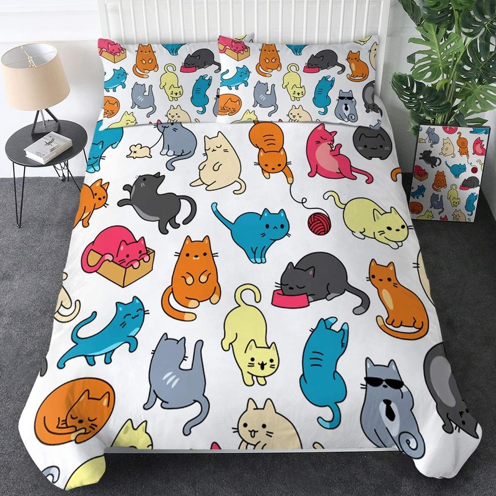 Sada povlečení s kočkami, Šedobílá sada ložního prádla s kočkami, Kreslená sada přikrývky s kočkami, Dívčí Kawaii sada povlaku na přikrývku s kočkami Full King Size