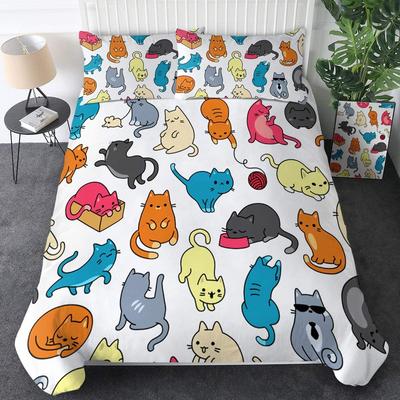 Katzen Bettbezug Set, Grau und Weiß Katzen Bettwäsche Set Cartoon Katzen Bettdecken Set, Mädchen Kawaii Katze Bettbezug Set Full King Size