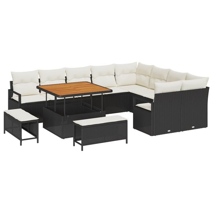Ensemble de canapés de jardin en 12 pièces avec coussins Rattan poly noir Acacia, Ensemble de salle à manger de jardin 3362555