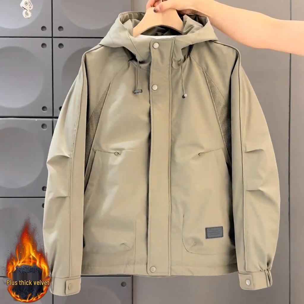 Men's Hooded Cotton Workwear Windbreaker - Stylish, Casual, Versatile, and Thickened for Autumn and Winter