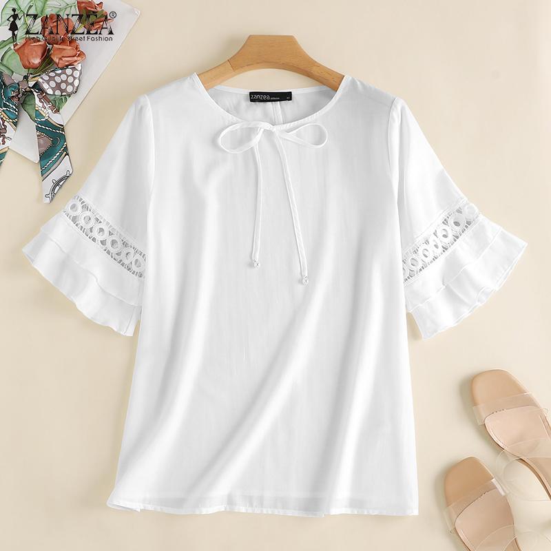 

ZANZEA Женская повседневная летняя блузка с коротким рукавом и круглым вырезом, топы