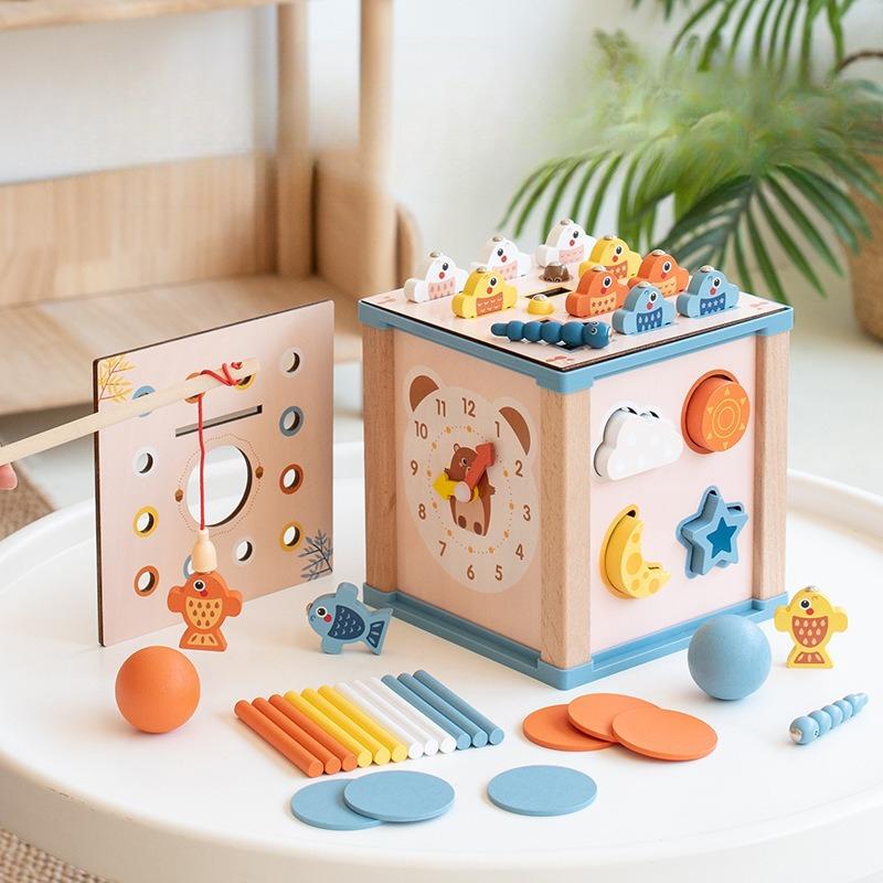 

Wooden 1-3 years old multifunctional beaded clock beaded building block Treasure box Boys and girls year old intellectual toys