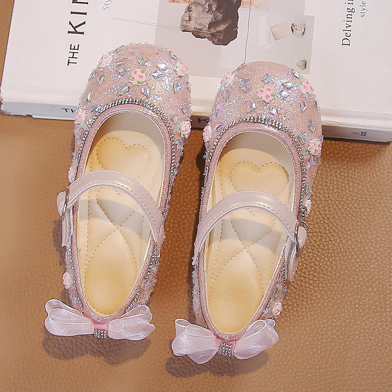 Girls  Rhinestone Soft Sole Princess Shoes – Stylish, Comfortable Sequin Bow Shoes, 2026 New Style Size 23 розовый
