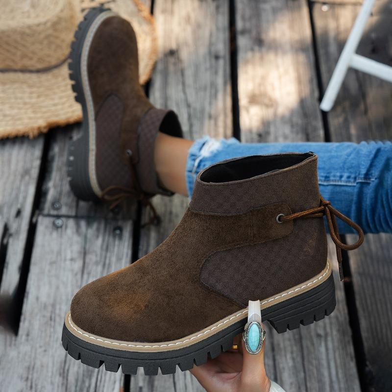 European and American  Large Size Color Matching Short Martin Boots Women's Cross-border Thick Heel Suede Rear Lace-up Thick-soled Knight Boots