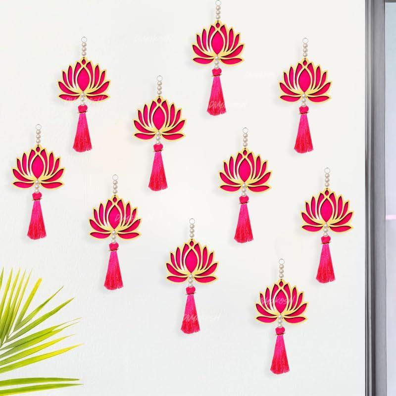 Lotus Hangings, Pack of 10 | Pink | Decoration Home Decor Wall Door Mandir Pooja Room, Pink Lotus Tassel Wall Hanging, Wedding Backdrop Decorative