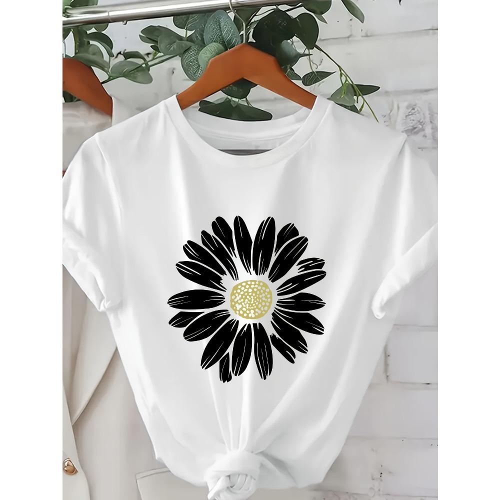 

Women s Pure Short Chrysanthemum Print Blouse Chrysanthemum Flower Top for Summer Short Sleeved Harajuku Tops Tees 3XL