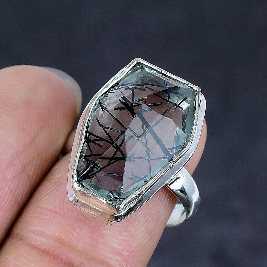 Natural Black Rutile Gemstone 925 Sterling Silver Jewelry Ring Size 8 q9J06