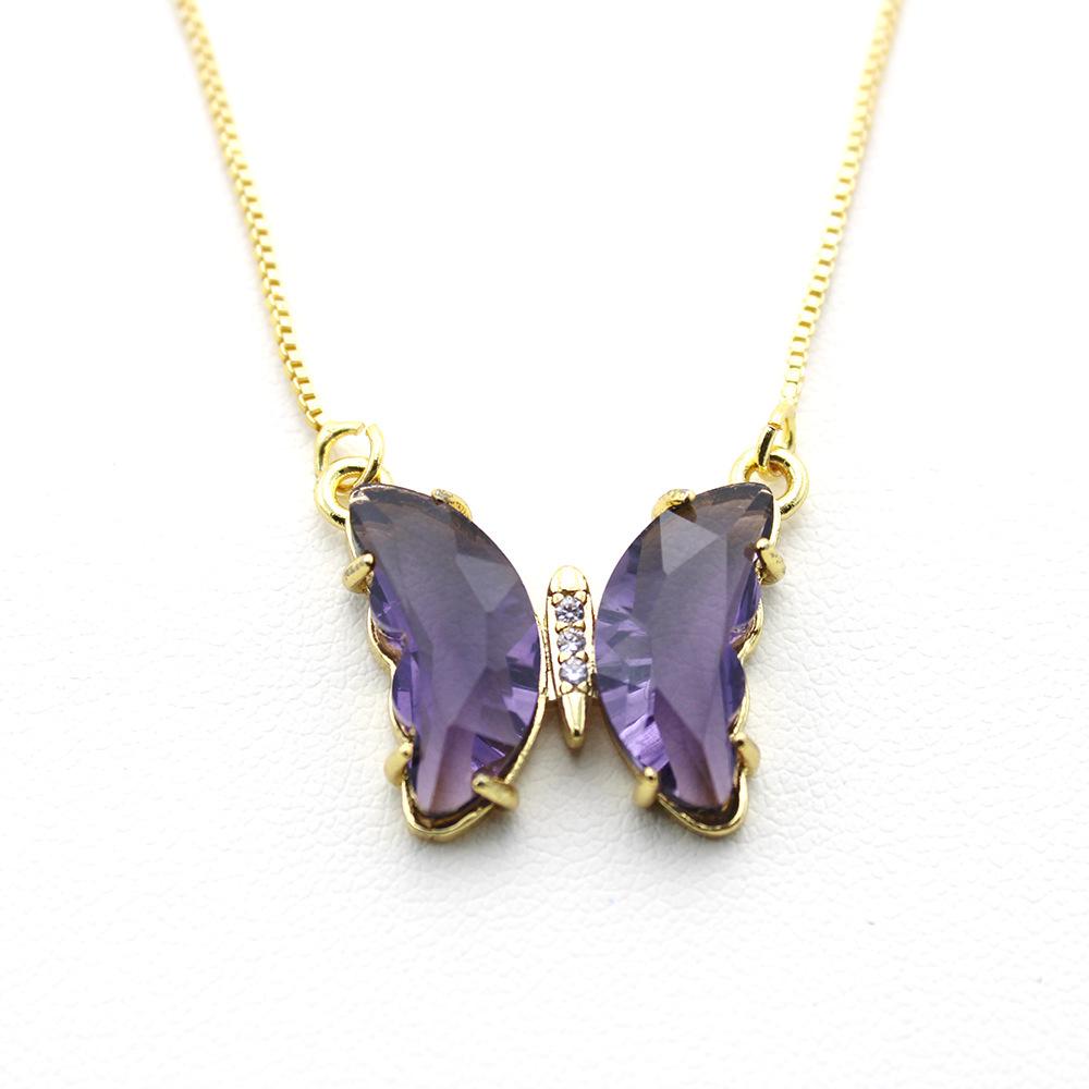 Koreanskt flerfärgat kristallfjärilshalsband - Guldpläterad titanstål nyckelbenskedja för kvinnor