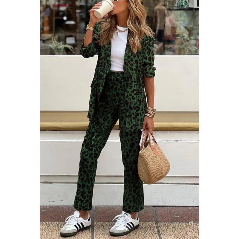 

2024 Leopard Print Women s Autumn Winter Fashion Cardigan Jacket and Trousers Set Small зелений