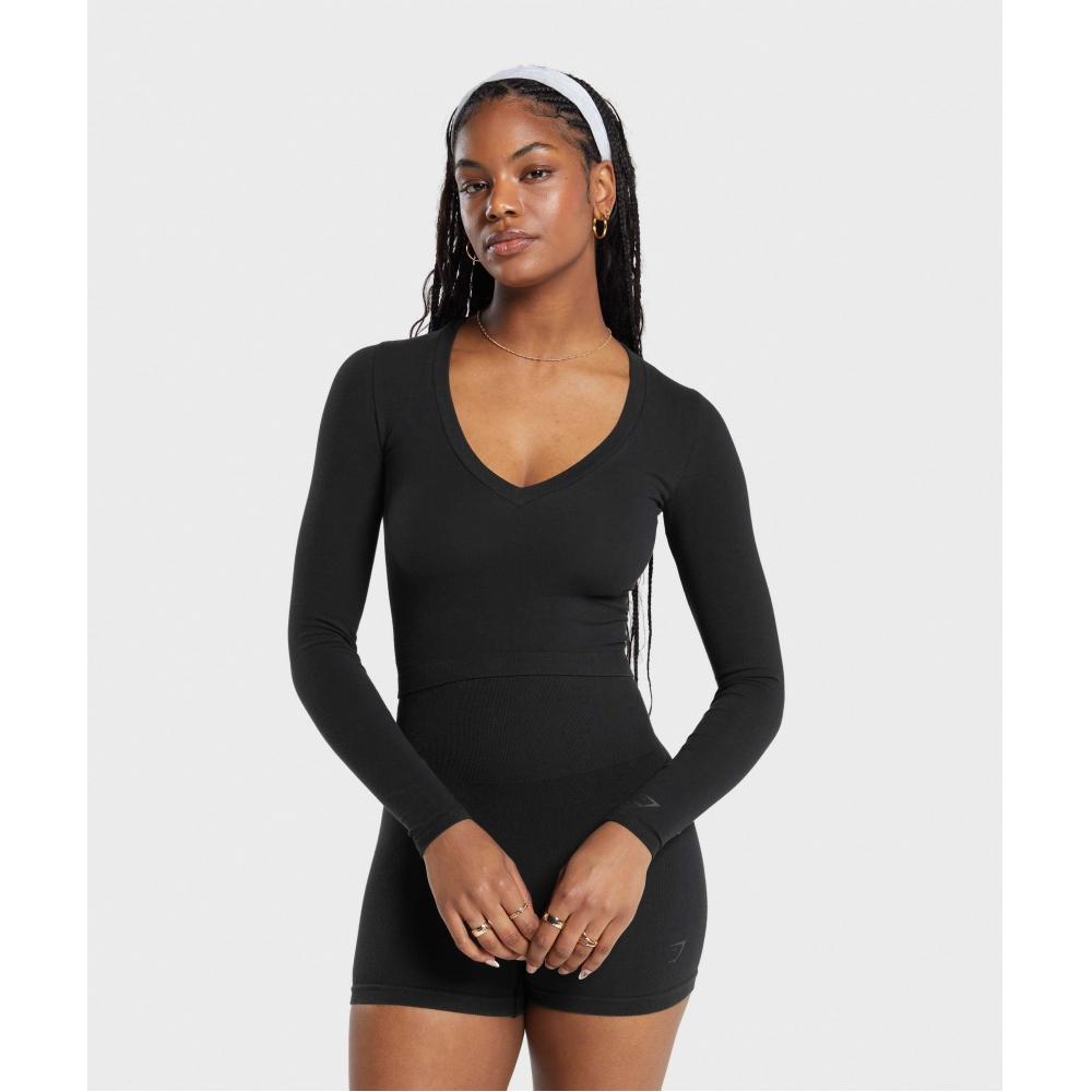 

GYMSHARK Хлопковый бесшовный топ миди с длинными рукавами, черный B8A4Z BB2J S